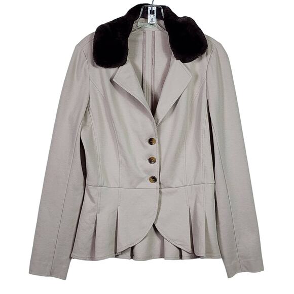 Anthropologie Hinge Riding Jacket Sz M Taupe Peplum Removable Faux Fur Collar - Picture 1 of 11